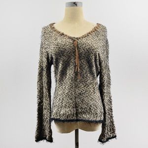 Angelica-Val V-Neck Sweater Fuzzy Faux Suede Trim Black/Tan Size Small